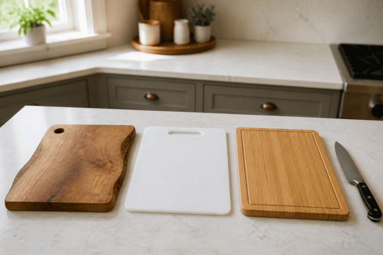 Wood, plastic, and bamboo cutting boards arranged side by side with a kitchen knife