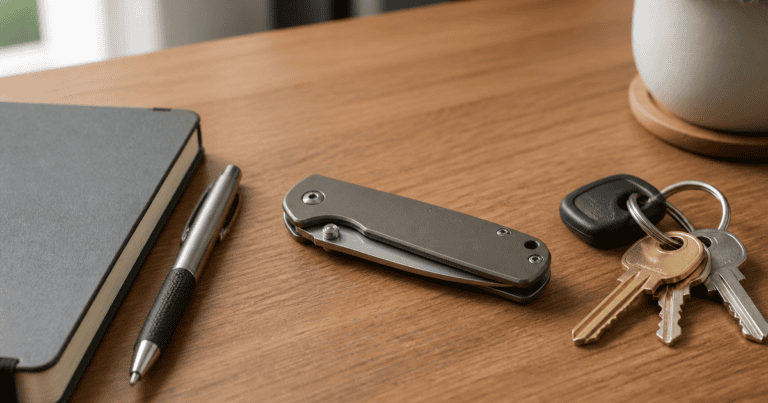 Folded pocket knife resting on a desk beside everyday office items