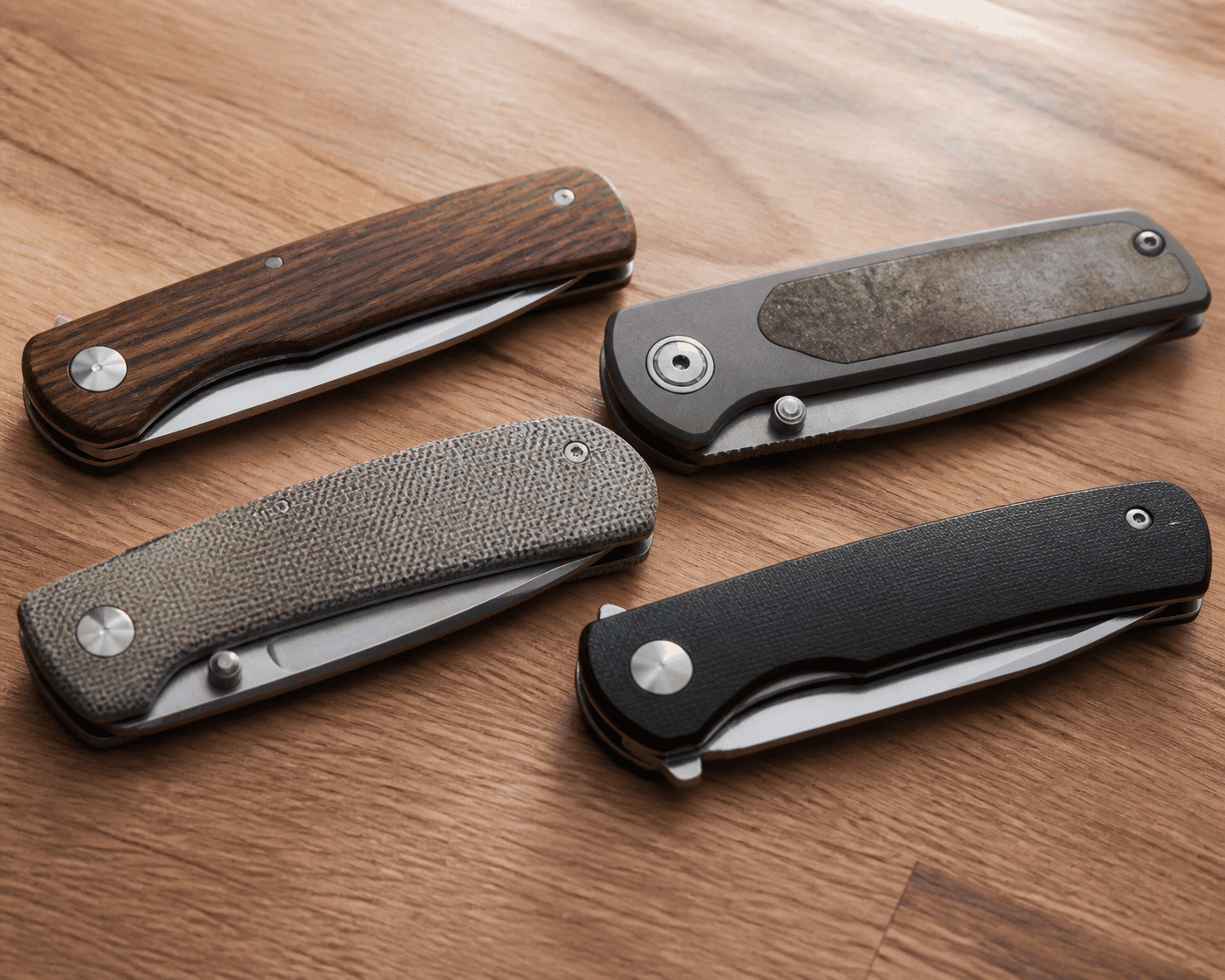 Several folded pocket knives with polished steel blades laid out on a wooden surface