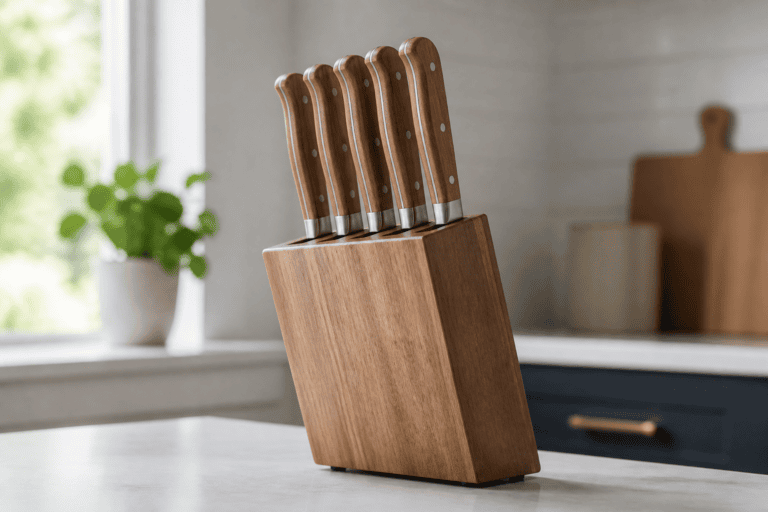 Set of steak knives with wooden handles resting in a wooden block